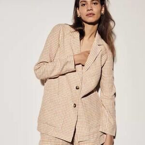MADEWELL Linen Dorset Blazer in Gingham Check Tan White Neutral {3E25}